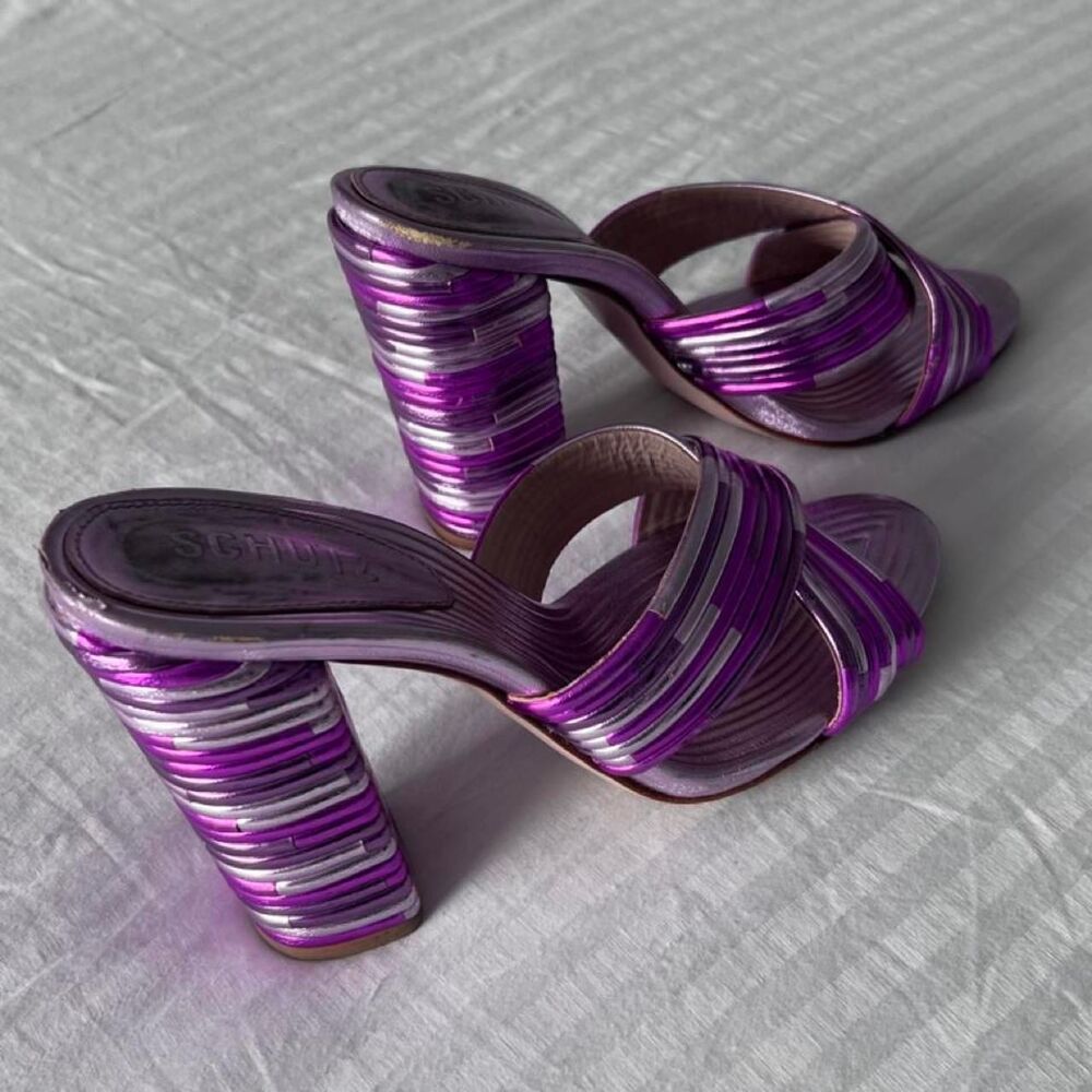 SCHUTZ Metallic Purple Silver Strappy Block Heel Mules 8